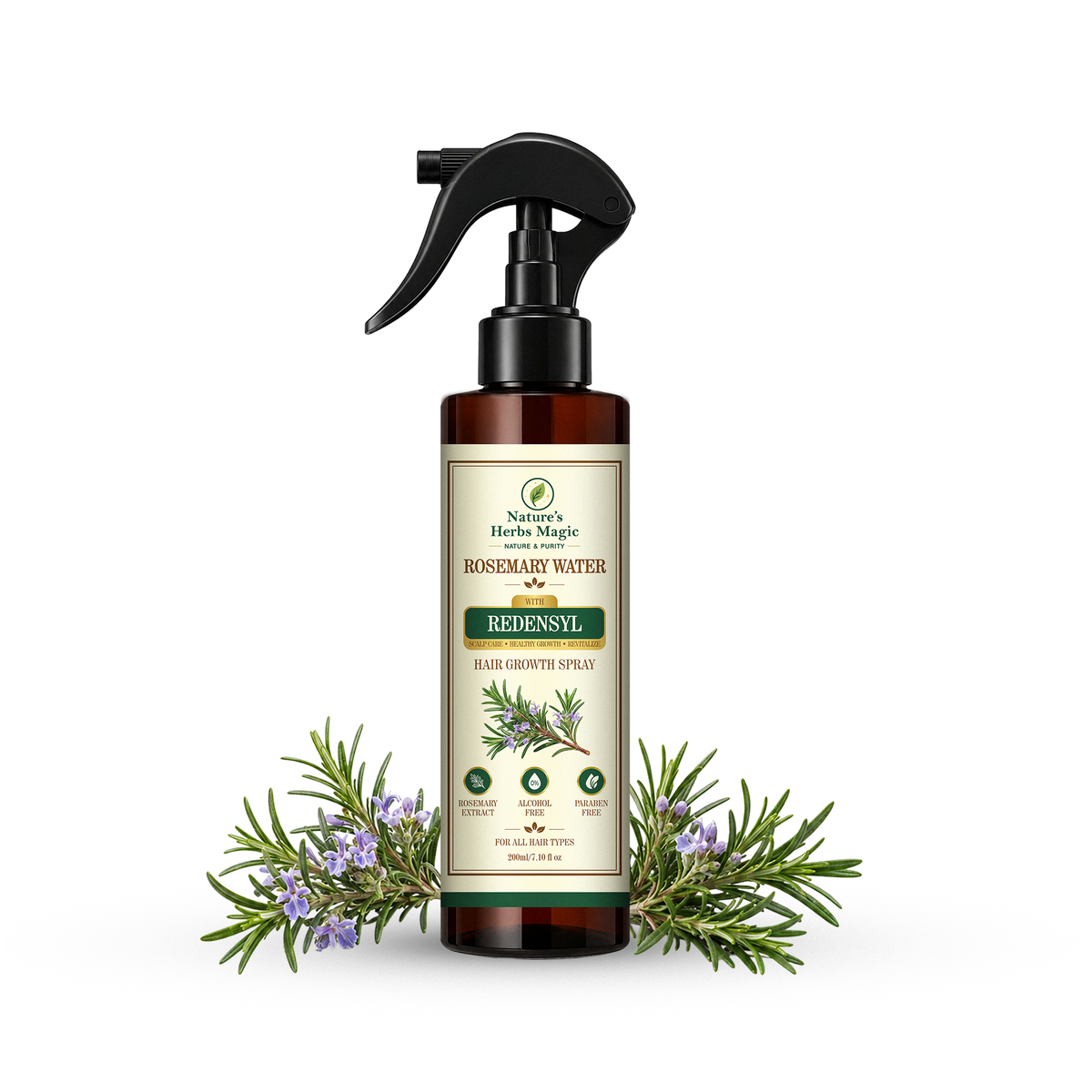 Nature’s Herbs Magic Rosemary Water & Redensyl Hair Spray for Hair Growth & Thickness | Natural Herbal Rosemary Spray for Hair Fall Control Cooling Scalp Care | Soft Shiny Hair | Men Women | All Hair Types | 200 ml